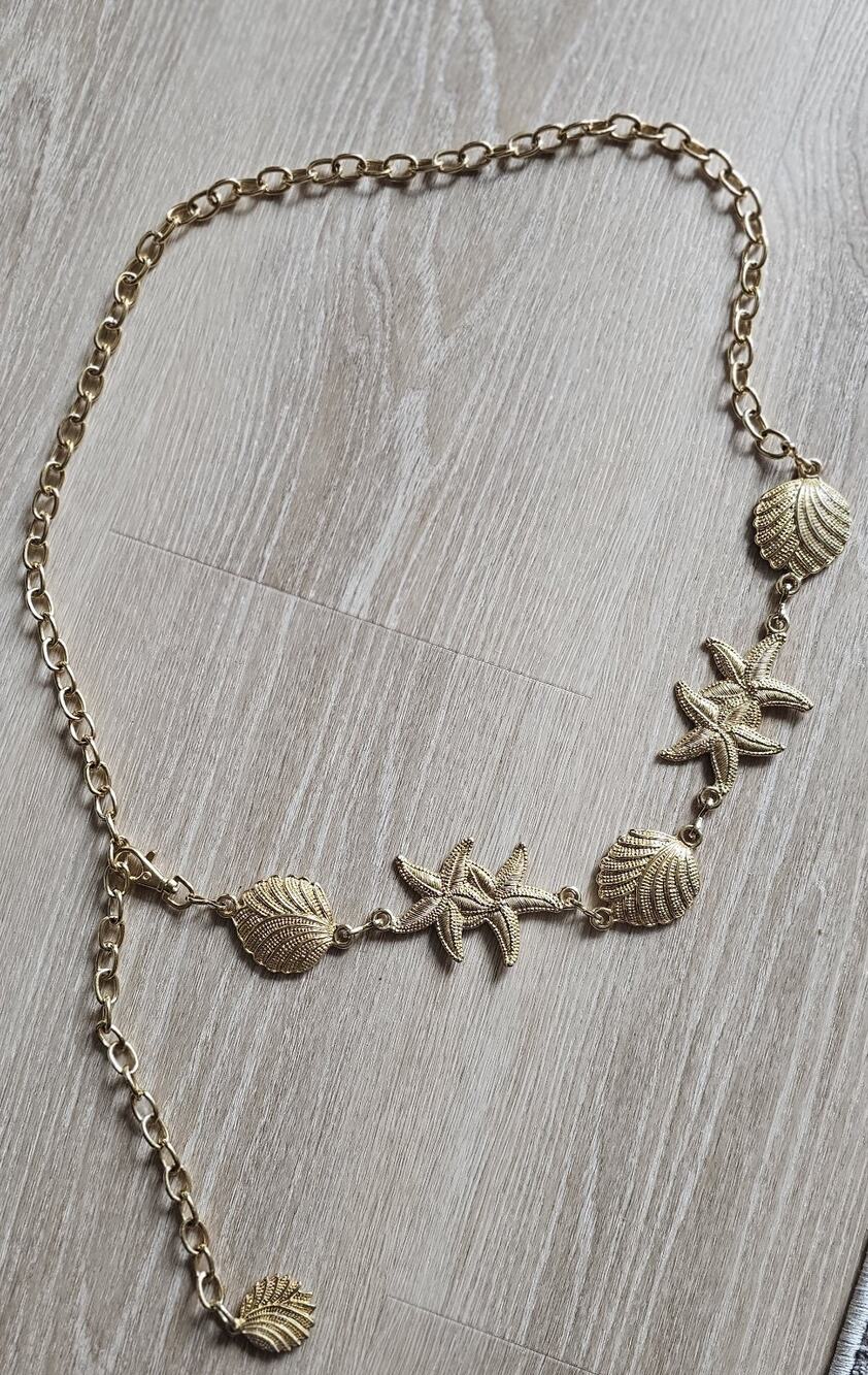 Vintage Gold Tone Starfish Seashell Chain Belt Coastal Mermaidcore Y2K 54" Adj.